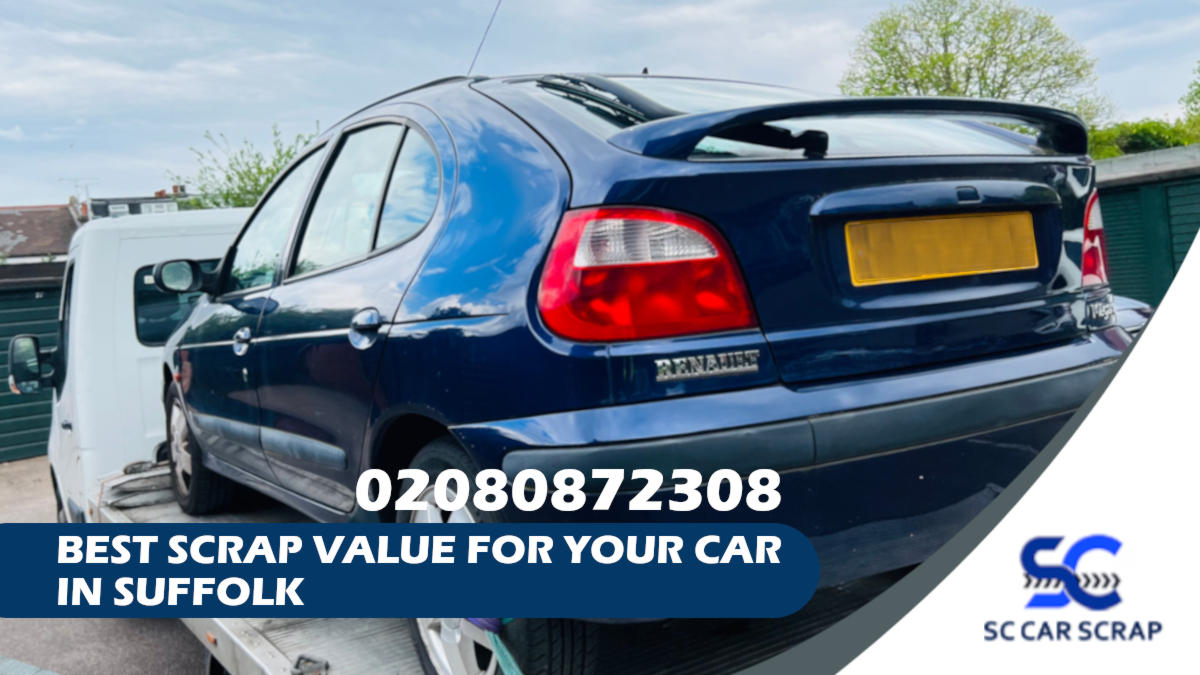 Scrap car being towed for salvage - Suffolk - UK